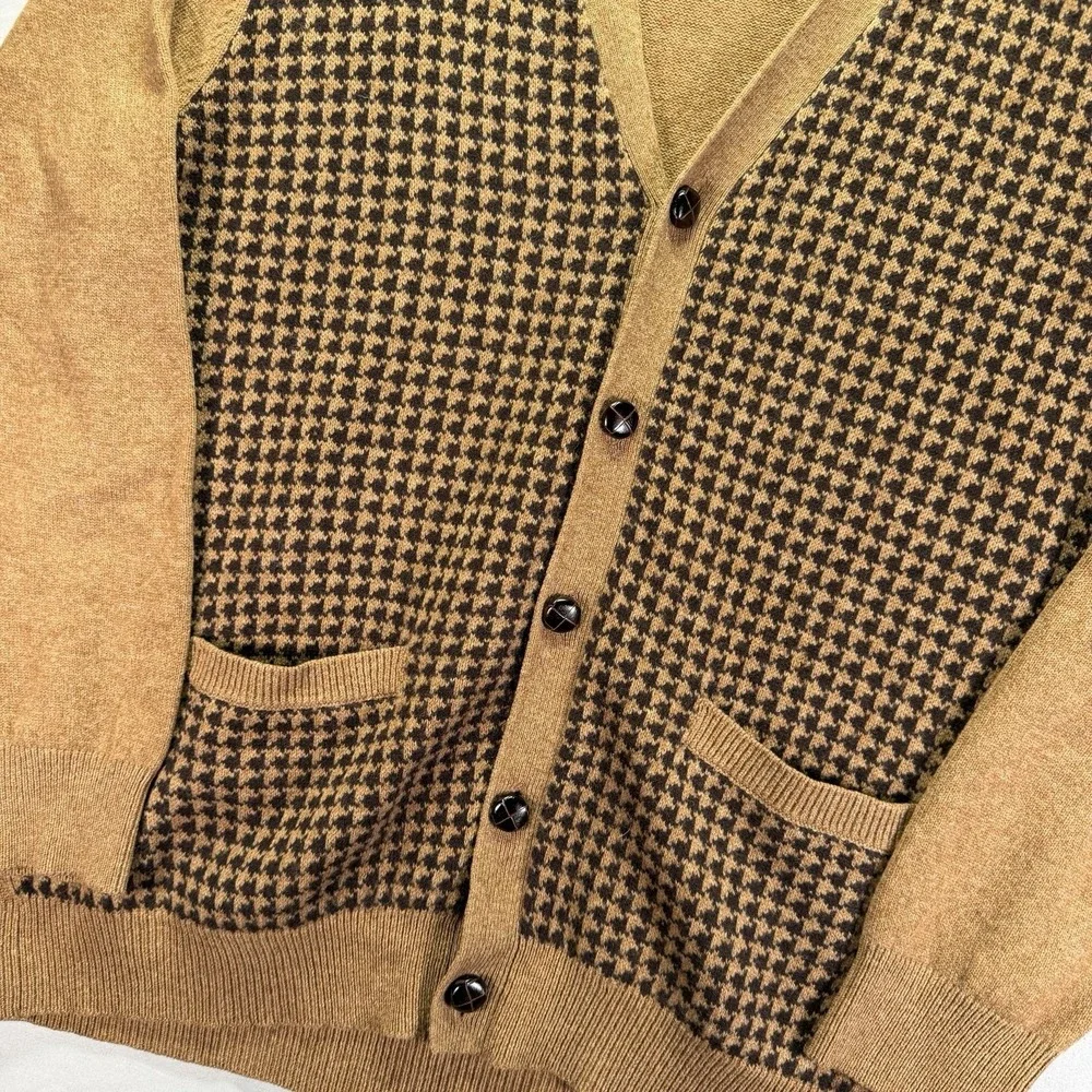 LL Bean Cardigan Sweater Mens Large Brown Houndstooth Lambswool Grandpa Preppy